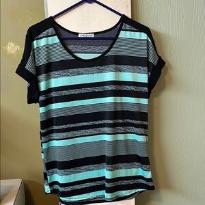 Carol Rose Black and Teal Striped Short Sleeve Top